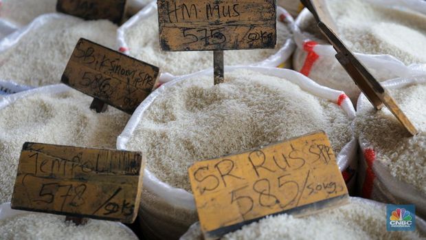 Suasana aktivitas bongkar muat beras di Pasar Induk Beras Cipinang, Jakarta Timur, Selasa (8/8/2023). (CNBC Indonesia/Faisal Rahman)