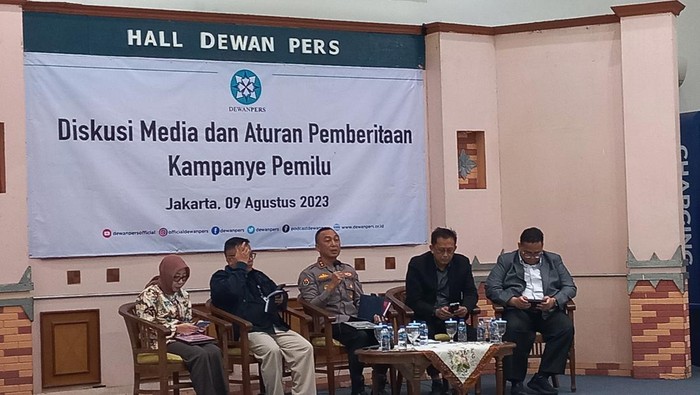 Kadiv Humas Polri Irjen Sandi Nugroho menghadiri Diskusi Media dan Aturan Pemberitaan Kampanye Pemilu di Kantor Dewan Pers, Rabu (9/8/2023).