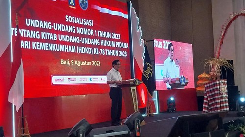 Menteri Hukum dan HAM (Menkumham) Yassona Laoly saat pidato dalam acara Sosialisasi Undang-Undang Nomor 1 Tahun 2023 tentang KUHP di Trans Resort, Badung, Bali, Rabu (9/8/2023).
