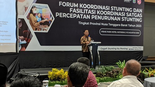 Kepala Badan Koordinasi Keluarga Berencana Nasional (BKKBN) Hasto Wardoyo saat menghadiri Forum Koordinasi Stunting dan Fasilitas Koordinasi Satgas Percepatan Penurunan Stunting di Mataram, Kamis (10/8/2023). (Foto: Ahmad Viqi/detikBali)