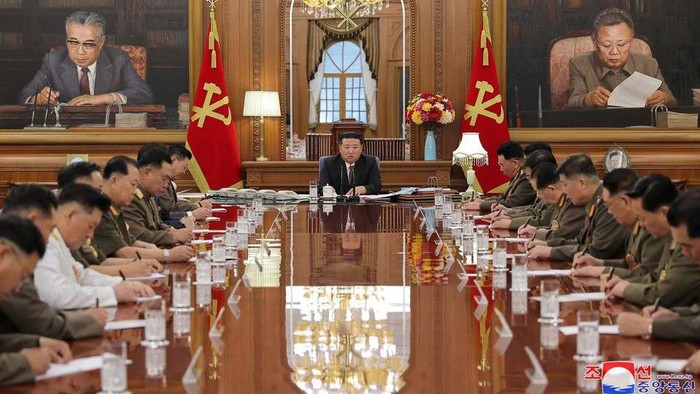 North Korean leader Kim Jong Un attends the 7th enlarged meeting of the 8th Central Military Commission of the Workers Party of Korea at the headquarters building of the Central Committee of the Workers Party of Korea in Pyongyang, North Korea, August 9, 2023. KCNA via REUTERS