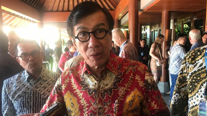 Menteri Hukum dan HAM Yasonna H. Laoly seusai menghadiri acara “Government & Business Forum/Tech Forum 2023” di Sanur, Denpasar, Kamis (10/8/2023).