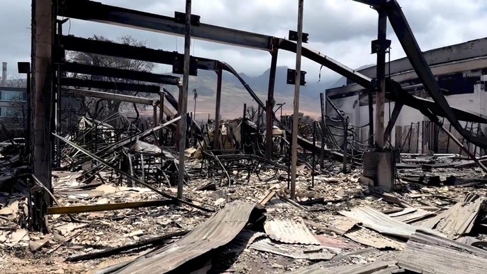 A view of damage cause by wildfires in Lahaina, Maui, Hawaii, U.S. August 10, 2023, in this screen grab obtained from a social media video. Senator Brian Schatz via Instagram/via REUTERS  THIS IMAGE HAS BEEN SUPPLIED BY A THIRD PARTY. MANDATORY CREDIT. NO RESALES. NO ARCHIVES.