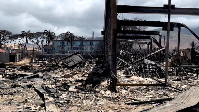 A view of damage cause by wildfires in Lahaina, Maui, Hawaii, U.S. August 10, 2023, in this screen grab obtained from a social media video. Senator Brian Schatz via Instagram/via REUTERS  THIS IMAGE HAS BEEN SUPPLIED BY A THIRD PARTY. MANDATORY CREDIT. NO RESALES. NO ARCHIVES.