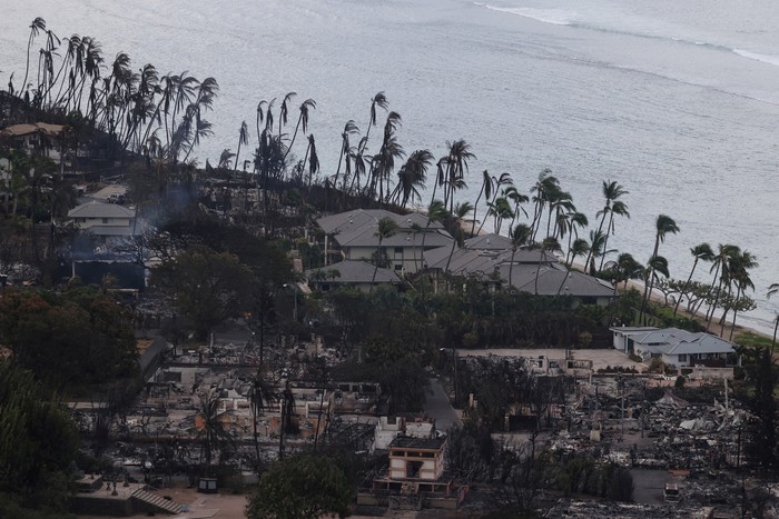 Views from the air of the community of Lahaina after wildfires driven by high winds burned across most of the town several days ago, in Lahaina, Maui, Hawaii, U.S. August 10, 2023. REUTERS/Marco Garcia