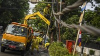 Petugas Dinas Bina Marga DKI Jakarta merapikan kabel utilitas di Jakarta, Jumat (11/8/2023).