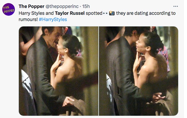 Gosip asmara antara Harry Styles dan Taylor Russell bermula ketika keduanya kegep bersama di London, Inggris. Dalam foto yang tersebar tampak Harry Styles dan Taylor berpelukan sambil tertawa. Foto: dok. Twitter