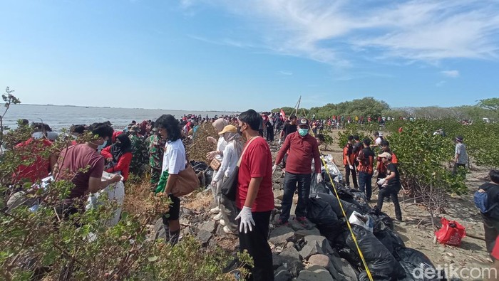Aksi bersih-bersih sampah di Pantai Kesenden, Kota Cirebon, Sabtu (12/8/2023)