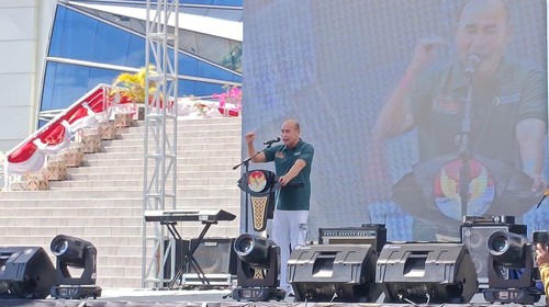 Gubernur NTT Viktor Bungtilu Laiskodat saat menyampaikan sambutan dalam perayaan HUT Bapanas di Kota Kupang, NTT, Sabtu (12/8/2023).