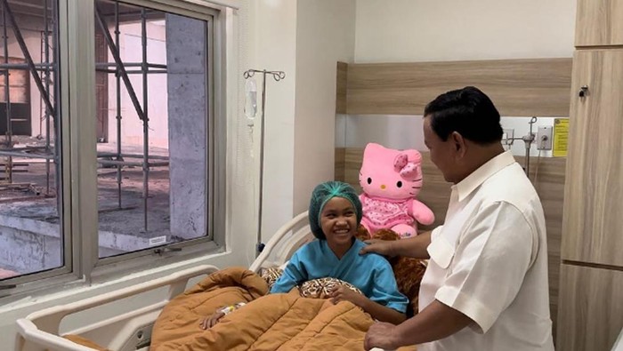 Menhan Prabowo menjenguk Nabila Febrianti, bocah yang kakinya diamputasi gegara selamatkan kucing. (Foto: Instagram @prabowo)
