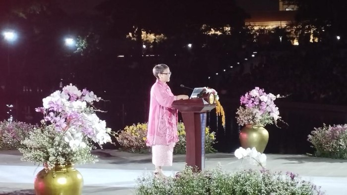 Menlu Retno Marsudi sambutan di acara Indonesia Chanel 2023 di kawasan Lapangan Banteng, Jakarta Pusat.