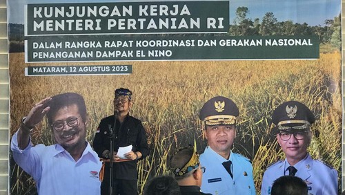 Menteri Pertanian Syahrul Yasin Limpo saat memimpin rapat koordinasi dan gerakan nasional penanganan dampak El Nino di Provinsi Nusa Tenggara Barat (NTB) pada Sabtu (12/8/2023).