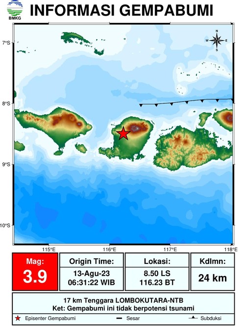 Gempa magnitudo (M) 3,9 mengguncang wilayah Lombok Utara, Nusa Tenggara Barat (NTB), pukul 07.31 Wita, Minggu (13/8/2023). (Foto: BMKG Mataram)