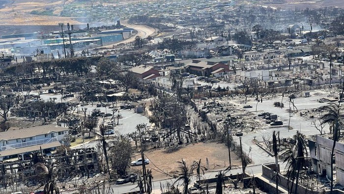The shells of burned houses and buildings are left after wildfires driven by high winds burned across most of the town in Lahaina, Maui, Hawaii, U.S. August 11, 2023. Hawaii Department of Land and Natural Resources/Handout via REUTERS  THIS IMAGE HAS BEEN SUPPLIED BY A THIRD PARTY.