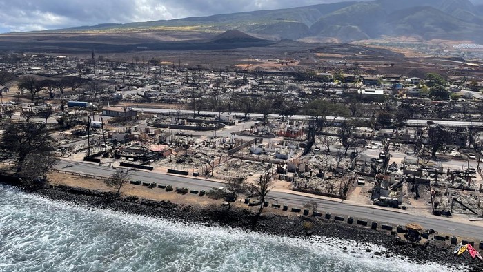 The shells of burned houses and buildings are left after wildfires driven by high winds burned across most of the town in Lahaina, Maui, Hawaii, U.S. August 11, 2023. Hawaii Department of Land and Natural Resources/Handout via REUTERS  THIS IMAGE HAS BEEN SUPPLIED BY A THIRD PARTY.