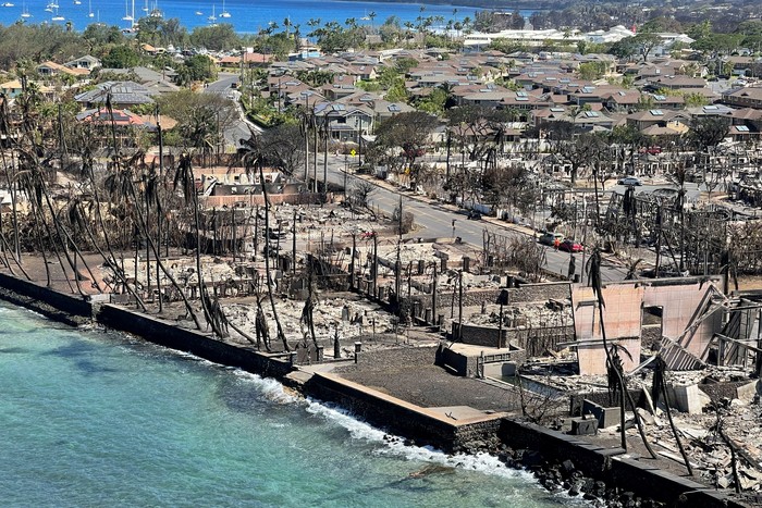 The shells of burned houses and buildings are left after wildfires driven by high winds burned across most of the town in Lahaina, Maui, Hawaii, U.S. August 11, 2023. Hawaii Department of Land and Natural Resources/Handout via REUTERS  THIS IMAGE HAS BEEN SUPPLIED BY A THIRD PARTY.