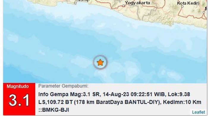 Gempa bumi M 3,1 di Bantul, Senin (14/8/2023).