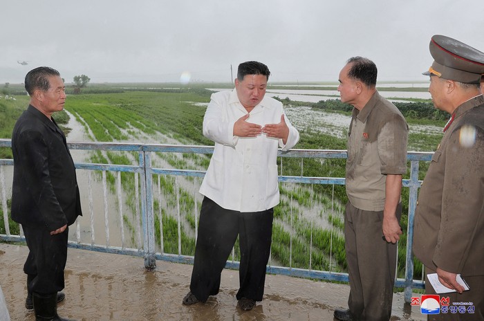 North Korean leader Kim Jong Un visits the typhoon-stricken area of Ogye-ri, Anbyon county, Kangwon province, North Korea, in this undated photo released by North Koreas Korean Central News Agency (KCNA) on August 14, 2023.     KCNA via REUTERS    ATTENTION EDITORS - THIS IMAGE WAS PROVIDED BY A THIRD PARTY. REUTERS IS UNABLE TO INDEPENDENTLY VERIFY THIS IMAGE. NO THIRD PARTY SALES. SOUTH KOREA OUT. NO COMMERCIAL OR EDITORIAL SALES IN SOUTH KOREA.