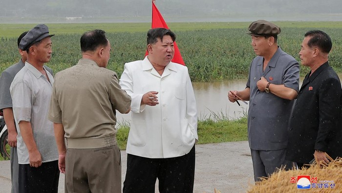 North Korean leader Kim Jong Un visits the typhoon-stricken area of Ogye-ri, Anbyon county, Kangwon province, North Korea, in this undated photo released by North Koreas Korean Central News Agency (KCNA) on August 14, 2023.     KCNA via REUTERS    ATTENTION EDITORS - THIS IMAGE WAS PROVIDED BY A THIRD PARTY. REUTERS IS UNABLE TO INDEPENDENTLY VERIFY THIS IMAGE. NO THIRD PARTY SALES. SOUTH KOREA OUT. NO COMMERCIAL OR EDITORIAL SALES IN SOUTH KOREA.