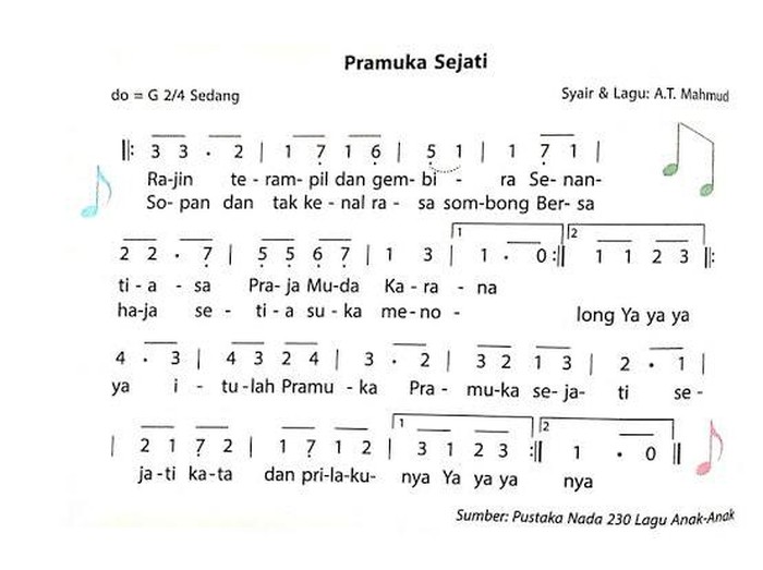 Not Angka Lagu Pramuka Sejati (Sumber: Pustaka Nada 230 Lagu Anak-anak Tradisional)