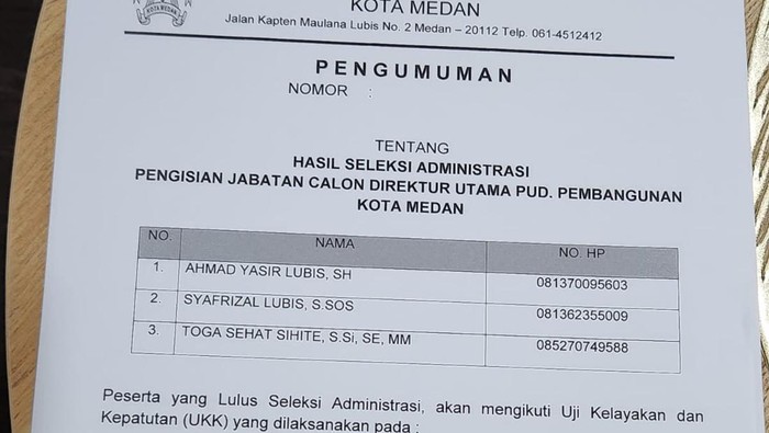 Daftar nama calon dirut PUD Pembangunan Medan yang ikut uji kelayakan dan kepatutan. (Foto: Istimewa)