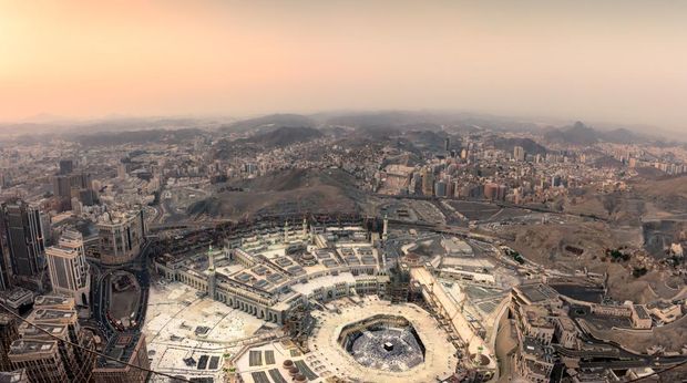 The holy mosque and Makkah city view from the top of Makkah clock tower during sunset, Saudi Arabia