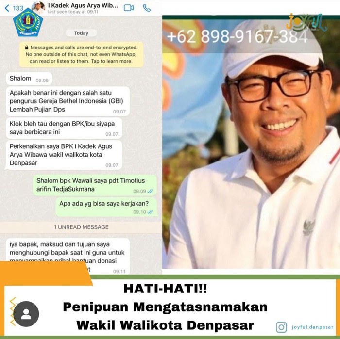 Tangkapan layar pesan WhatsApp (WA) terkait yang mencatut nama Wakil Wali (Wawali) Kota Denpasar I Kadek Agus Arya Wibawa. (Instagram Joyful Denpasar)