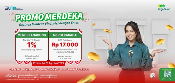 Dalam menyambut HUT ke-78 RI, PT Pegadaian menghadirkan Promo Merdeka yang bisa dimanfaatkan oleh seluruh masyarakat Indonesia.