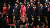 Para menteri Jokowi menghadiri sidang tahunan yang berlangsung di gedung DPR, Jakarta, Rabu (16/8/2023).  