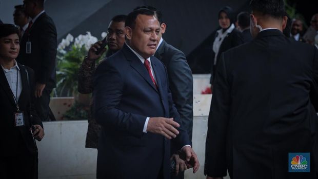 Ketua KPK R.I Firli Bahuri setelah sidang tahunan MPR RI tahun 2023 di Gedung DPR RI, Jakarta, Rabu (16/8/2023). (վ/Faisal Rahman)