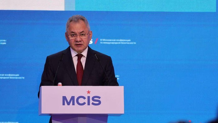 Russias Defence Minister Sergei Shoigu delivers a speech at XI Moscow conference on international security in the Moscow region, Russia, August 15, 2023. Russian Defence Ministry/Handout via REUTERS
