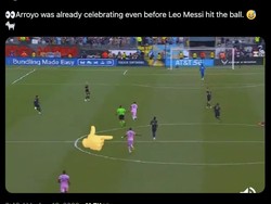 Gol teranyar Messi lahir dari tendangan jarak jauh ke gawang Philadelphia Union. Bahkan saat Messi menggiring bola, dan belum menyepaknya, seorang rekannya sudah merayakan! Foto: dok. Internet/Twitter