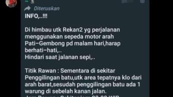 Tangkapan layar pesan lokasi rawan di jalanan Pati-Gembong.