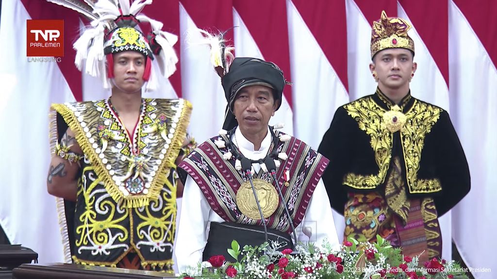 Pidato kenegaraan Presiden RI Joko Widodo (Jokowi) saat sidang tahunan MPR, DPR dan DPD RI, Jakarta, Rabu (16/8/2023). (Tangkapan layar Youtube Setpres RI)