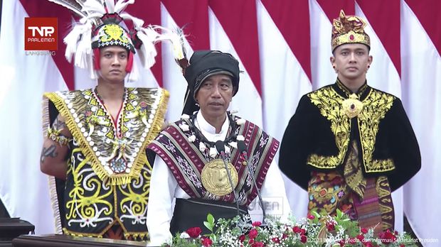 Pidato kenegaraan Presiden RI Joko Widodo (Jokowi) saat sidang tahunan MPR, DPR dan DPD RI, Jakarta, Rabu (16/8/2023). (Tangkapan layar Youtube Setpres RI)