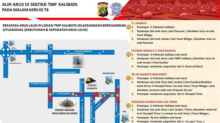 Rute pengalihan arus sekitar Taman Makam Pahlawan (TMP) Kalibata, Jaksel saat renungan suci, Kamis (17/8/2023) dini hari.