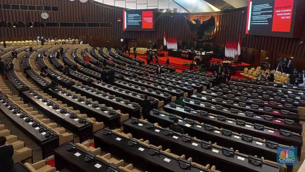 Suasana sidang tahunan MPR RI tahun 2023 di Gedung DPR RI, Jakarta, Rabu (16/8/2023). (CNBC Indonesia/Muhammad Sabki)