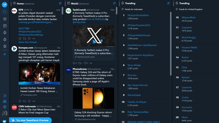 Tampilan halaman depan TweetDeck