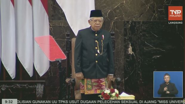 Wakil Presiden Ma'ruf Amin di Kompleks DPR/MPR RI jelang sidang tahunan 2023, Rabu (16/8/2023). (Tangkapan layar Youtube DPR RI)