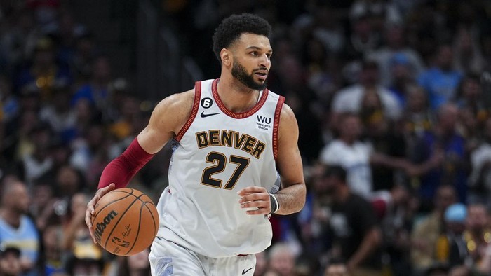 FILE - Denver Nuggets guard Jamal Murray against the Miami Heat during the second half of Game 5 of basketballs NBA Finals, Monday, June 12, 2023, in Denver. Murray announced Wednesday, Aug. 16, that he will not play for Canada in the World Cup. Murray said he needs more time to rehab to get ready for the regular season. (AP Photo/Jack Dempsey, File)