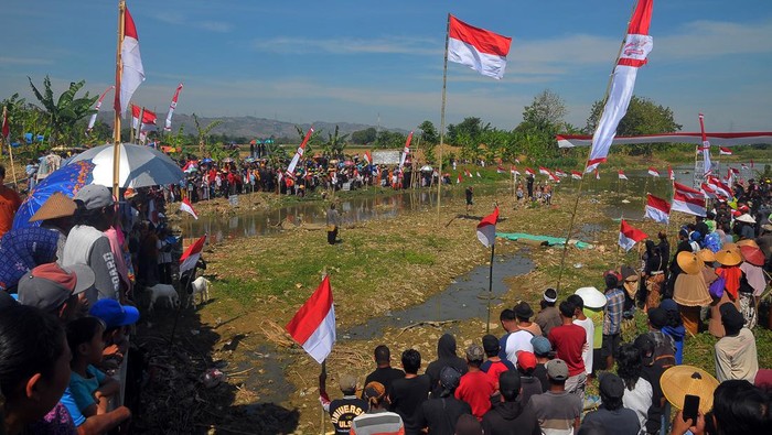 Melihat Lagi Upacara HUT ke-78 RI di Berbagai Daerah Indonesia Warga mengikuti upacara bendera di kawasan sungai Tus, Desa Baturejo, Sukolilo, Pati, Jawa Tengah, Kamis (17/8/2023). Upacara di atas sungai yang mengalami pendangkalan akibat banyaknya sampah yang diikuti warga Sedulur Sikep atau penganut ajaran Samin Surosentiko bersama warga sekitar itu untuk memperingati HUT ke-78 RI sekaligus mengkampanyekan untuk tidak membuang sampah di sungai. ANTARA FOTO/Yusuf Nugroho