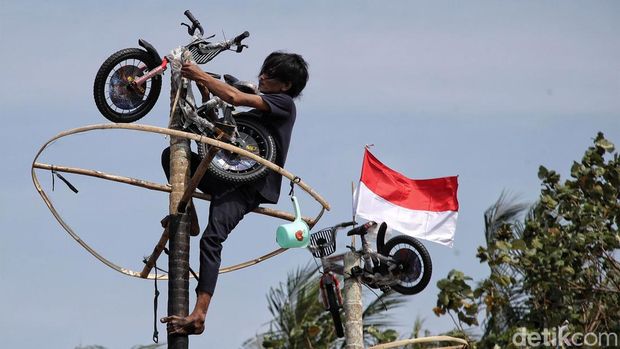 Taman Impian Jaya Ancol menggelar lomba panjat pinang kolosal untuk memeriahkan HUT ke-78 RI, Kamis (17/8/2023).