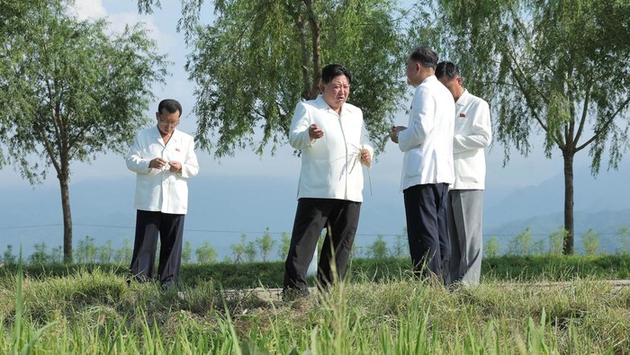 North Korean leader Kim Jong Un and North Korea's Premier Kim Tok Hun tour typhoon-affected farms in Anbyon County, North Korea, in this undated photo released by North Korea's Korean Central News Agency (KCNA) on August 17, 2023.     KCNA via REUTERS    ATTENTION EDITORS - THIS IMAGE WAS PROVIDED BY A THIRD PARTY. REUTERS IS UNABLE TO INDEPENDENTLY VERIFY THIS IMAGE. NO THIRD PARTY SALES. SOUTH KOREA OUT. NO COMMERCIAL OR EDITORIAL SALES IN SOUTH KOREA.