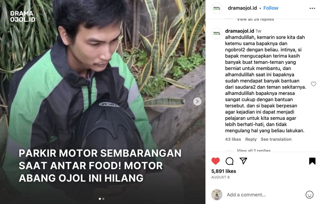 Ojol Kehilangan Motor Saat Antar Makanan, Netizen Ramai Bersimpati