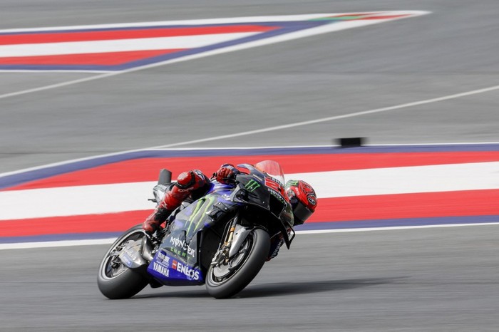 Monster Energy Yamaha MotoGP French rider Fabio Quartararo drives during a practice session at the Red Bull Ring race track in Spielberg, Austria on August 19, 2023, ahead of the MotoGP Austrian Grand Prix. (Photo by ERWIN SCHERIAU / APA / AFP) / Austria OUT