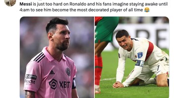 Meme keberhasilan Messi bikin Ronaldo dan fans menangis.   Foto: Twitter