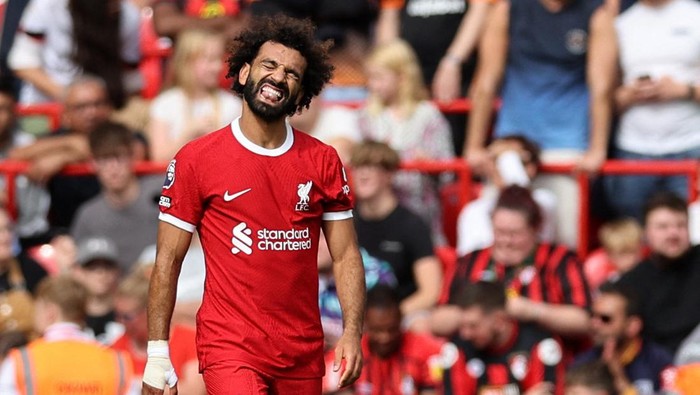Soccer Football - Premier League - Liverpool v AFC Bournemouth - Anfield, Liverpool, Britain - August 19, 2023 Liverpools Mohamed Salah celebrates scoring their first goal REUTERS/David Klein EDITORIAL USE ONLY. No use with unauthorized audio, video, data, fixture lists, club/league logos or live services. Online in-match use limited to 75 images, no video emulation. No use in betting, games or single club /league/player publications.  Please contact your account representative for further details.
