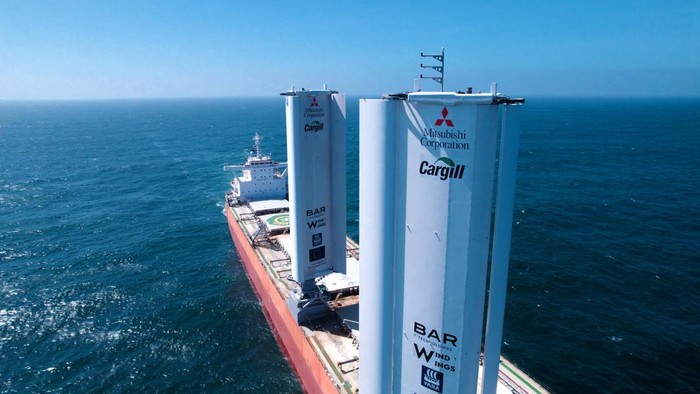 Pyxis Ocean retrofitted with WindWings sets sail during its maiden voyage, in this undated handout picture, Mid-Sea, August 2023. Cargill/Handout via REUTERS THIS IMAGE HAS BEEN SUPPLIED BY A THIRD PARTY. NO RESALES. NO ARCHIVES