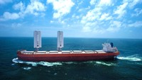 Kapal Pyxis Ocean dipasang dengan WindWings berlayar selama pelayaran perdananya di Mid-Sea, Agustus 2023.