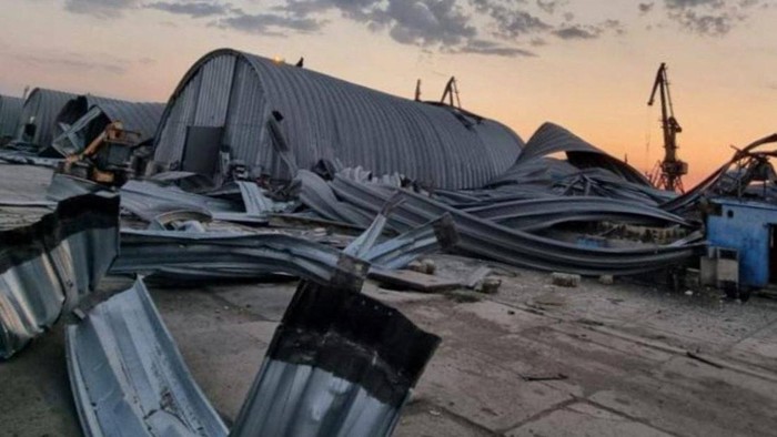 Grain warehouses heavily damaged by a Russian drone attack are seen at a compound of a port on the Danube, amid Russias attack on Ukraine, in Odesa region, Ukraine August 16, 2023. Press Service of the Operational Command South of the Ukrainian Armed Forces/Handout via REUTERS ATTENTION EDITORS - THIS IMAGE HAS BEEN SUPPLIED BY A THIRD PARTY.
